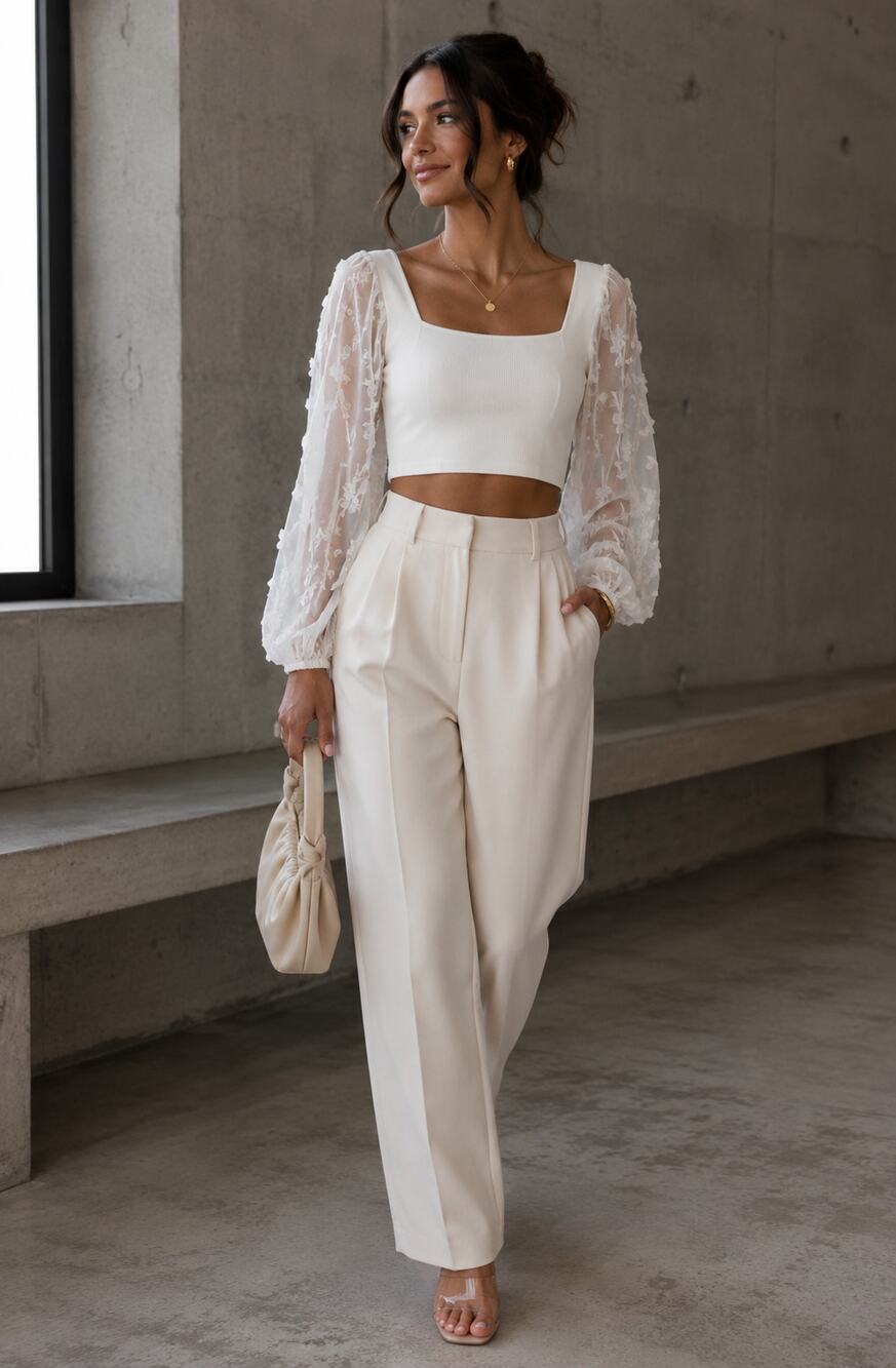 Intimately Free People Ivory Lace Puff Sleeve Crop Top Women Small Boho Romantic